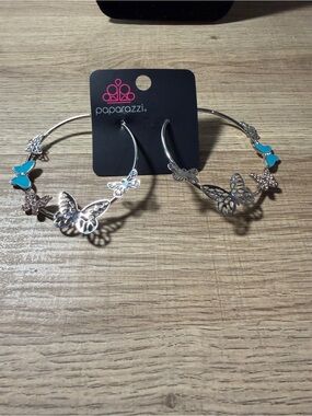 Paparazzi Silver Hoop Earrings with Turquoise Butterfly Accents